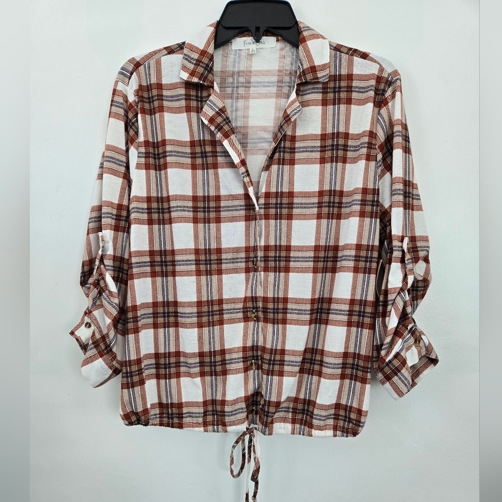 Eden & Olivia Plaid Tie Waist Button Down Shirt. Size Large. New. - Picture 1 of 7